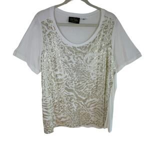 Bob Mackie White Short Sleeve Scoop Neck Light T-Shirt‎ Gold Sequin Glam Size XL